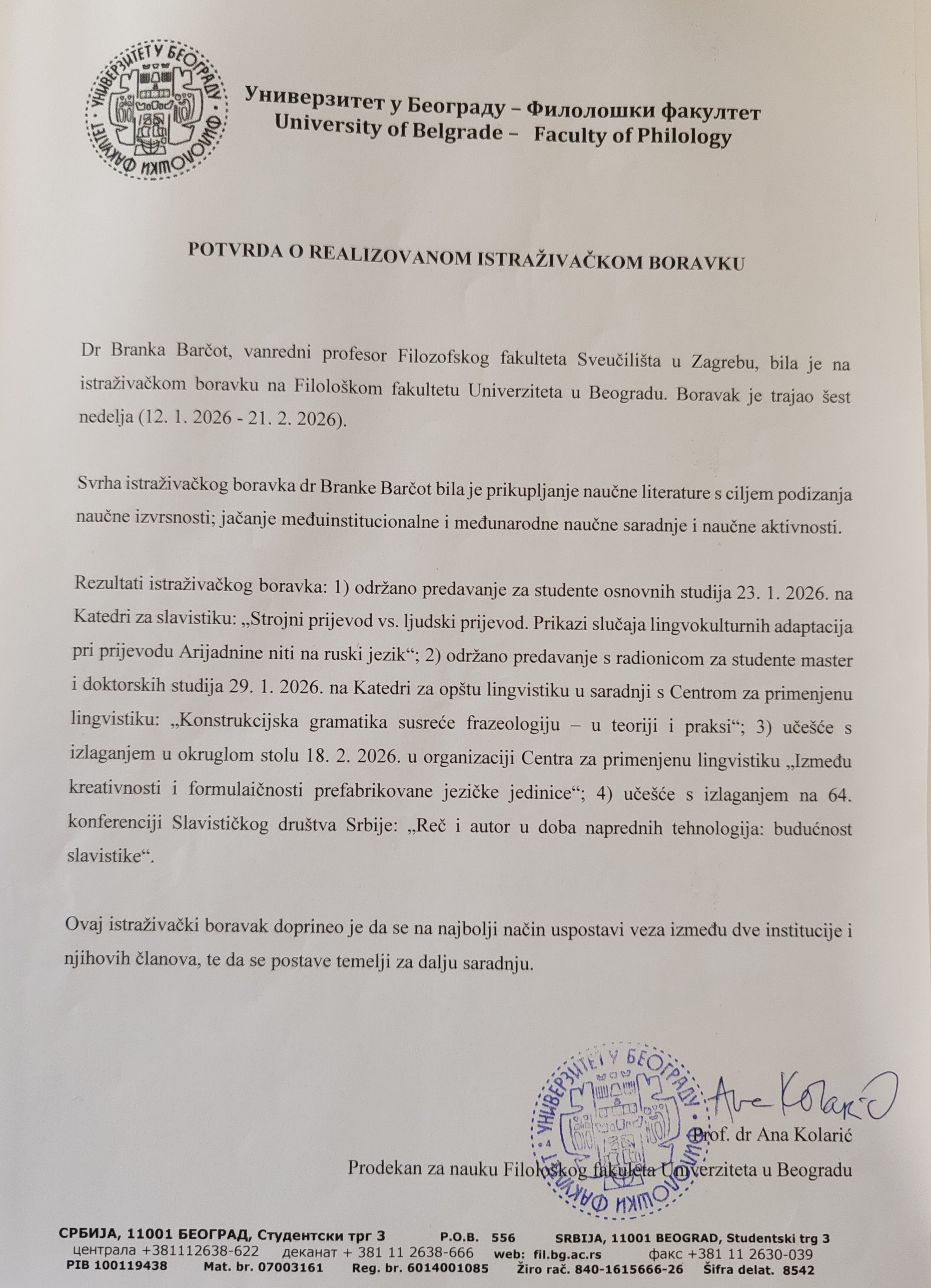 Potvrda O Realiziranom Istraživačkom Boravku Barčot