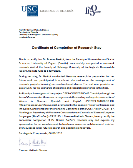 Certificate Research Stay Barčot